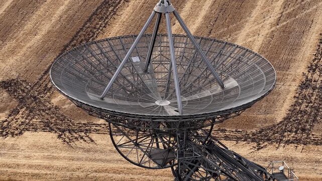 Ascending Over The One-Mile Telescope At The Mullard Radio Astronomy Observatory (MRAO) Near Cambridge, United Kingdom. Aerial Ascending Shot