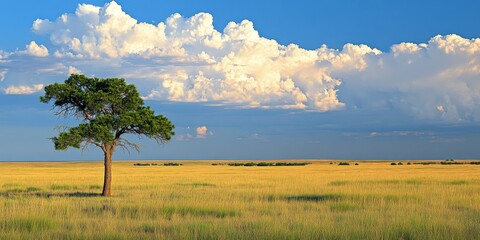 Obraz premium Solitary Tree in Golden Field Against Blue Sky with Cumulus Clouds