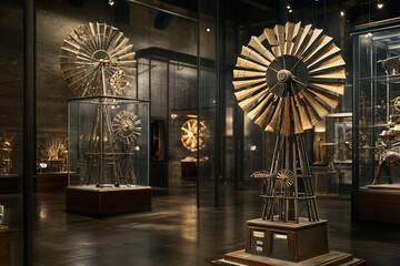 Detailed display of classic windmill models showcased in a museum exhibit highlighting historical engineering