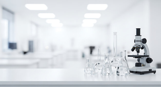 Microscope and laboratory glassware on a white table in a bright laboratory setting