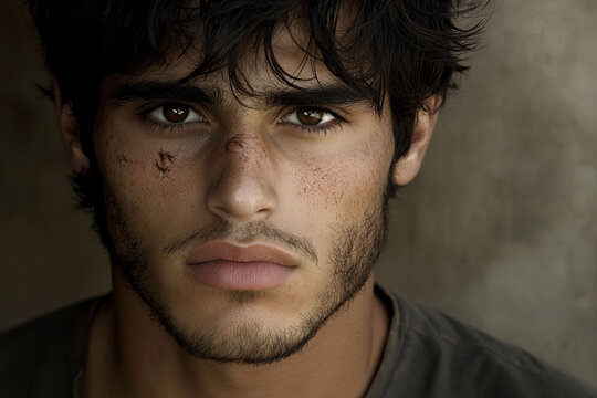 Close-up of a young man with tired eyes and a rugged appearance expressing emotional depth and resilience