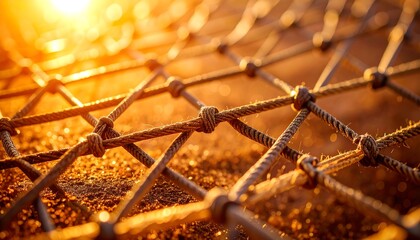 Close-up of a rope net with warm, golden light in the background, creating a sense of connection and structure.