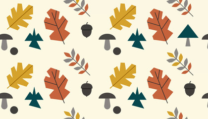 Autumn themed pattern featuring leaves, acorns, and mushrooms on a light background.
