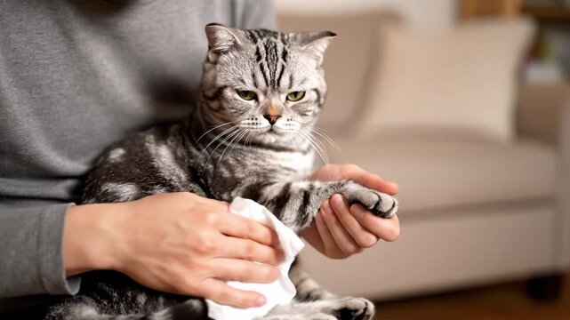 Calm ginger cat receives gentle ear cleaning from its owner. dedicated woman ensures proper pet hygiene and health, making routine home care priority for animal wellness
