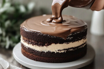 Delicious chocolate ganache being poured over a moist layered cake in a kitchen setting