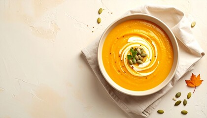 Creamy pumpkin soup beautifully garnished with a swirl of cream and pumpkin seeds, served in a rustic bowl on a neutral cloth.