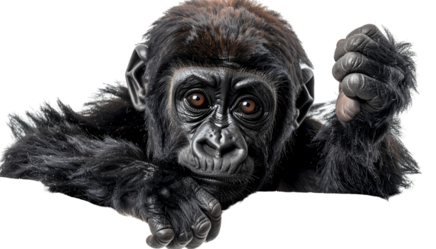 baby gorilla clinging, isolated on white background, transparent PNG,