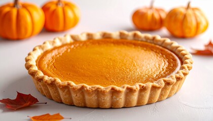 Classic pumpkin pie with a perfectly baked golden crust, surrounded by autumn leaves and small pumpkins — a timeless fall dessert.