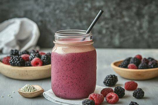 Colorful mixed berry smoothie displayed in a mason jar with fresh berries on a rustic wooden table