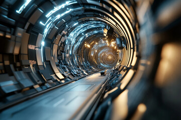 Cosmic gateway visualized as spiraling streams of lights and energy creating an infinite tunnel effect at night