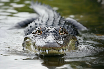 Crocodile rests quietly submerged with only eyes visible in tranquil waters during mid-morning hours