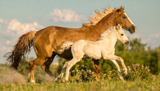 A mother horse and her foal running through a meadow