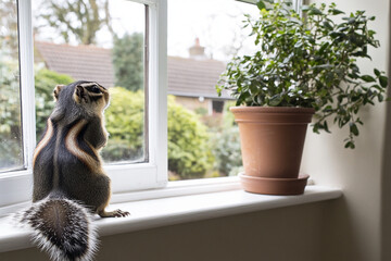 Curious chipmunk observes nature from a cozy windowsill during a sunny day in the garden