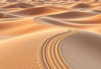 A single, winding tire track cuts through undulating sand dunes,  vehicle,  sand