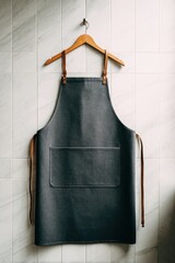Denim Apron Hanging on Wooden Hanger, White Tile Background.