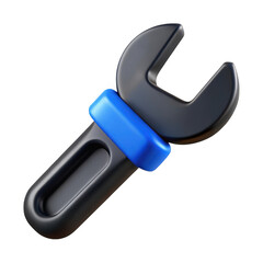 3d realistic black and blue wrench icon isolated on transparent background