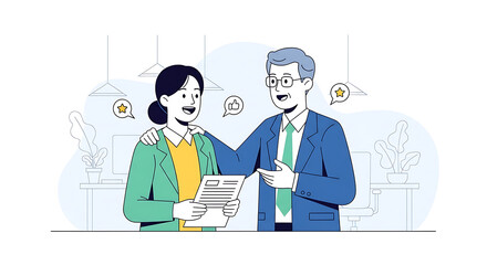 A senior manager congratulates a happy female employee on her successful project. Vector illustration of workplace appreciation, recognition, and achievement