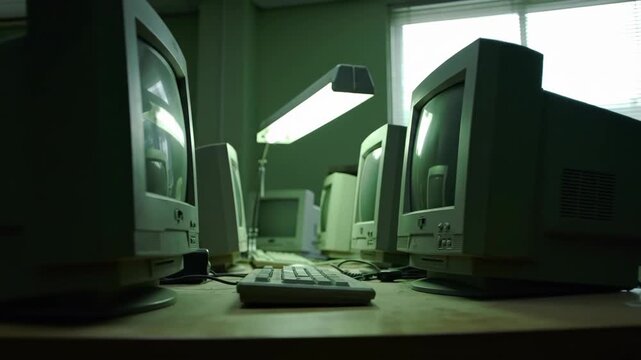 Retro Technology: Row of Old Computer Monitors and Keyboards in dim, green-lit office. Technology, keyboard, computer, monitor, retro.