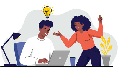 Coworkers Brainstorming and Discussing Creative Ideas. Vector illustration