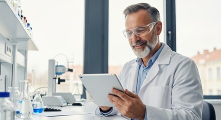 Experienced scientist analyzing data on tablet in modern laboratory setting