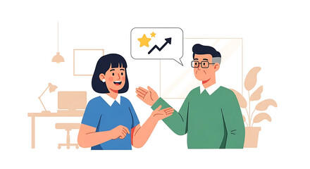 Business mentor discussing success and professional development with a colleague, illustrating employee performance and achievement