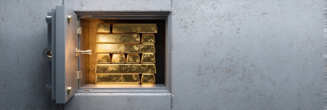 Gold bars are safely stored in a safe. Copy space.