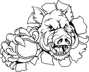 A wild boar, hog razorback warthog pig mean tough cartoon sports mascot holding a tennis ball