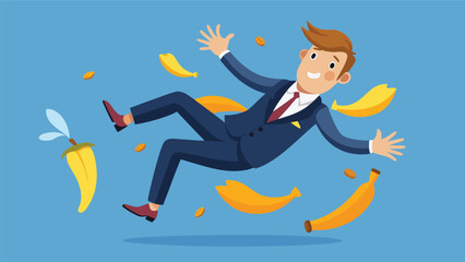 Fototapeta premium Businessman slips on banana peels while having fun in a cartoonish illustration