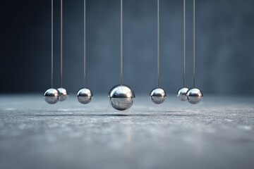 Newton's Cradle with Silver Balls on Gray Surface, Physics Concept