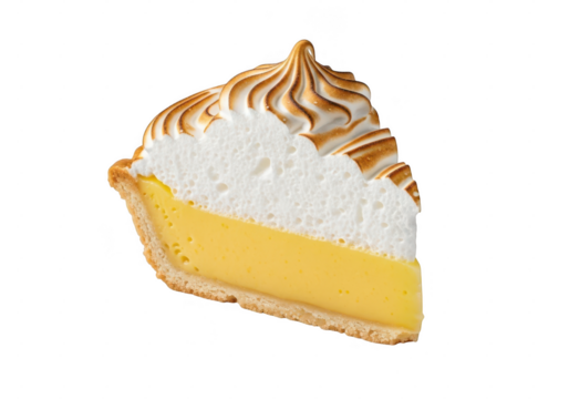 A slice of lemon meringue pie with a bright yellow filling and toasted meringue topping, isolated on a transparent background