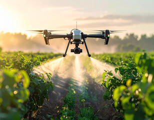 A drone sprays crops in a field at sunrise, showcasing modern agriculture technology and precision farming.