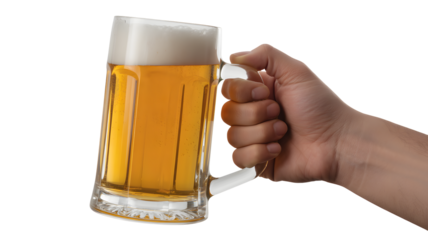 Refreshing cold beer stein held up, perfect for celebrations, parties, and pub enjoyment.
