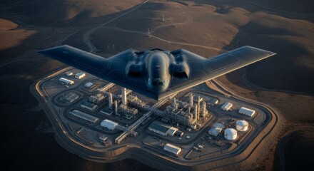 Fototapeta premium Advanced aircraft flying over industrial facility in desert landscape