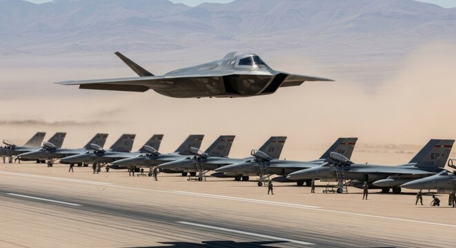 Futuristic stealth aircraft flying low over military base with jet fighters