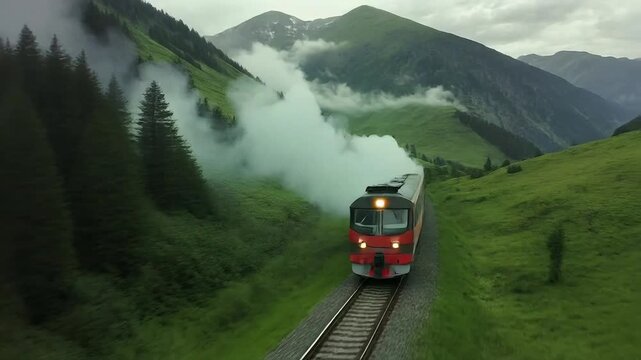 Vintage train chugs through lush green mountain valley on a scenic journey