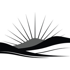 Stylized sunrise over rolling hills in black and gray sun rays landscape