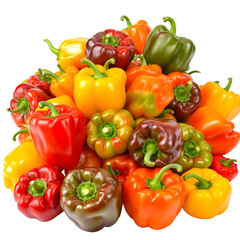 A vibrant assortment of fresh bell peppers in various colors, including red, yellow, green, and orange, beautifully piled together