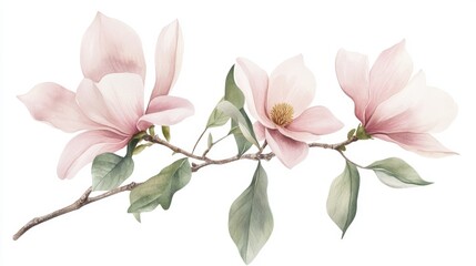 Obraz premium 32.A delicate watercolor illustration of soft light pink magnolia flowers, twigs, and green leaves, hand-painted with attention to detail. The soft pastel pink petals contrast gently with the light