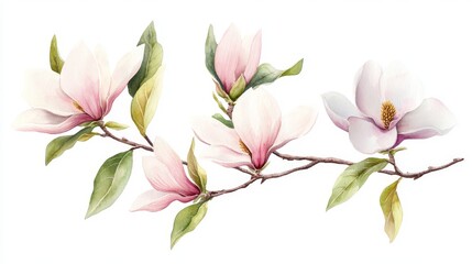 Obraz premium 32.A delicate watercolor illustration of soft light pink magnolia flowers, twigs, and green leaves, hand-painted with attention to detail. The soft pastel pink petals contrast gently with the light