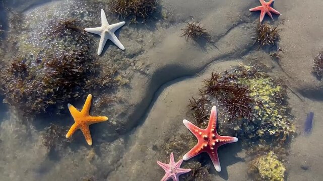 Colorful starfish scattered across sandy seabed with seaweed in shallow clear water.