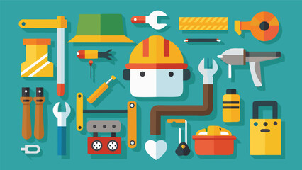 Construction tools and safety equipment arranged on a colorful background for educational purpose
