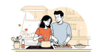 Loving young couple happily cooking a romantic meal together in their home kitchen, showing affection and partnership
