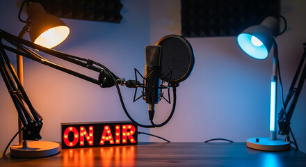 Studio microphone on a boom arm stands on a wooden table with an  on air  sign and two adjustable lamps. broadcasting, podcasting, or recording setup