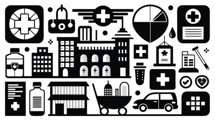 Health care icons representing various medical services and facilities in a modern city environment