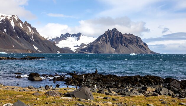 Snowy Antarctic landscape with rocky shore - Powered by Adobe