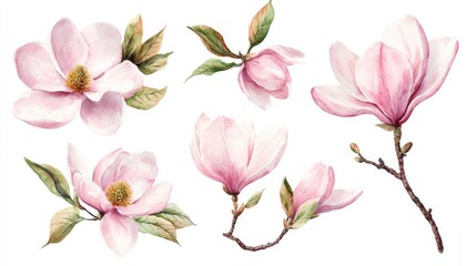 31.Set of Light Pink Magnolia Flowers, Twigs and Leaves - Floral Watercolor Illustration Hand Painted Isolated on White Background