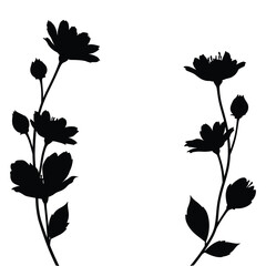 Black silhouette of two flowering branches with buds and leaves on a white background floral plant