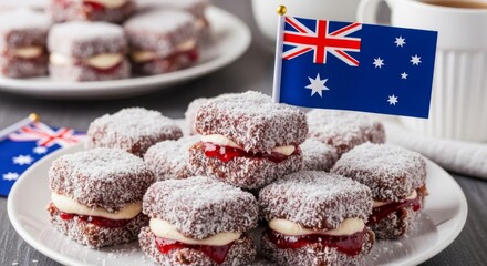 Australian national day celebration with traditional lamingtons and flags for festive table settings