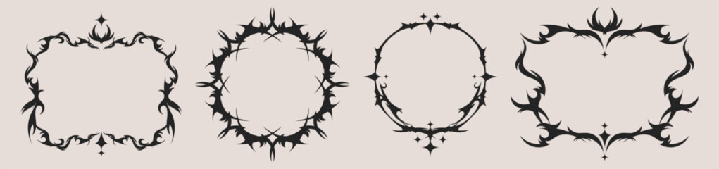 Tribal tattoo frames set isolated on background. Vector design of round and rectangular borders with black spikes, swirling thorns, gothic patterns for streetwear ornament, abstract grungy elements