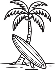 Black and White Palm Tree with Surfboard on a Beach